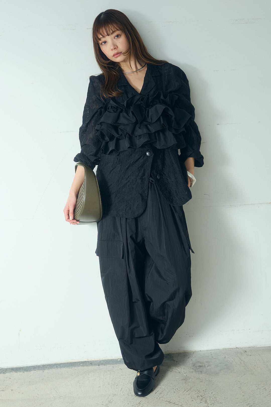 [SET]刺繍シアーテーラードジャケット+撥水フリルビスチェ+撥水ジョガーパンツ(3set)