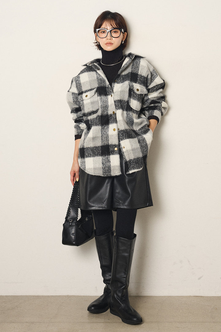 [SET]起毛チェック柄ポケットアウター+ストレッチエコレザーバミューダパンツ(2set)