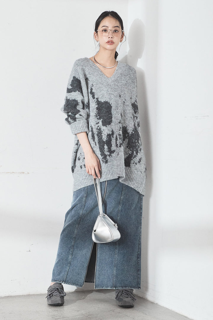 [SET]アブストラクト柄ニットプルオーバー+フロントジップデニムスカート(2set)