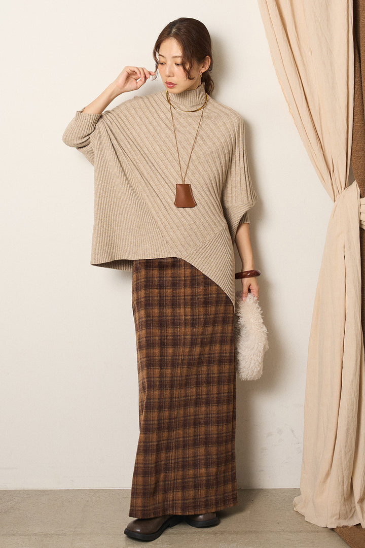[SET]アシメデザインリブポンチョニットトップス+シャギーチェックストレートスカート(2set)
