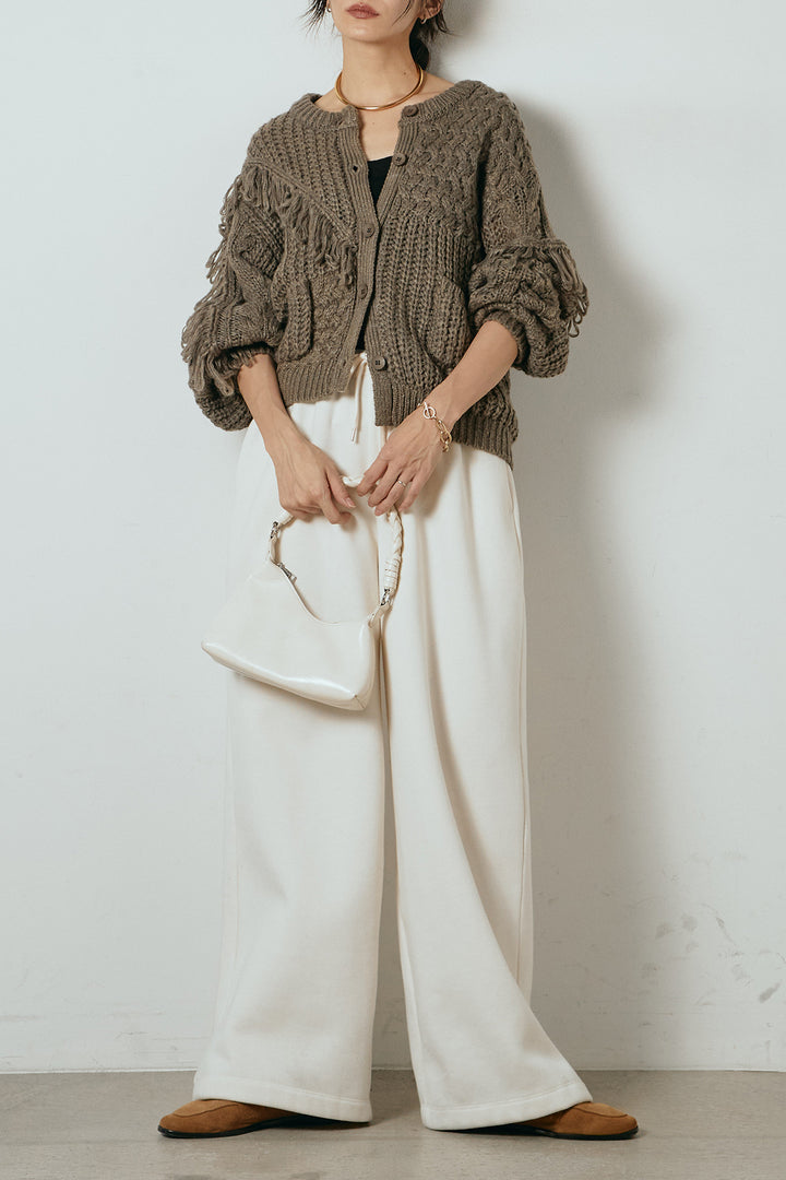 [SET]ランダムフリンジニットカーディガン+裏起毛スウェットワイドパンツ(2set)