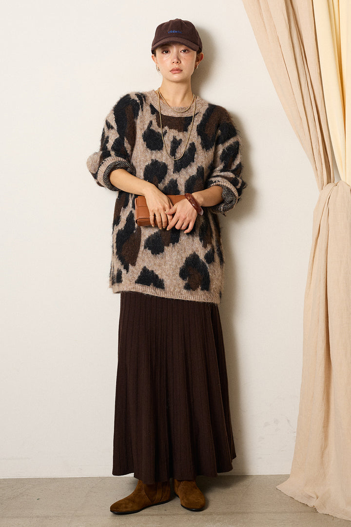 [SET]ルーズアニマルモヘアニットトップス+編み地切り替えフレアニットスカート(2set)