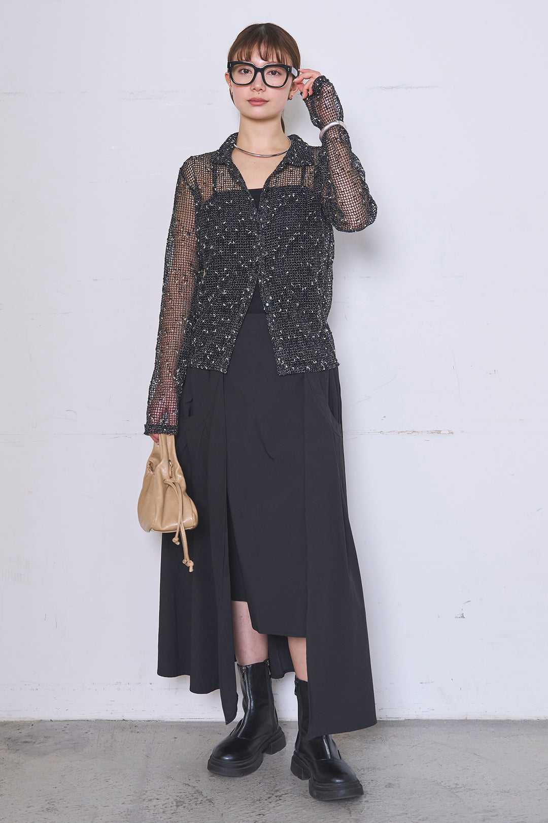 [SET]ネップメッシュポロ襟カーディガン+ラップレイヤードアシンメトリーデザインスカート(2set)