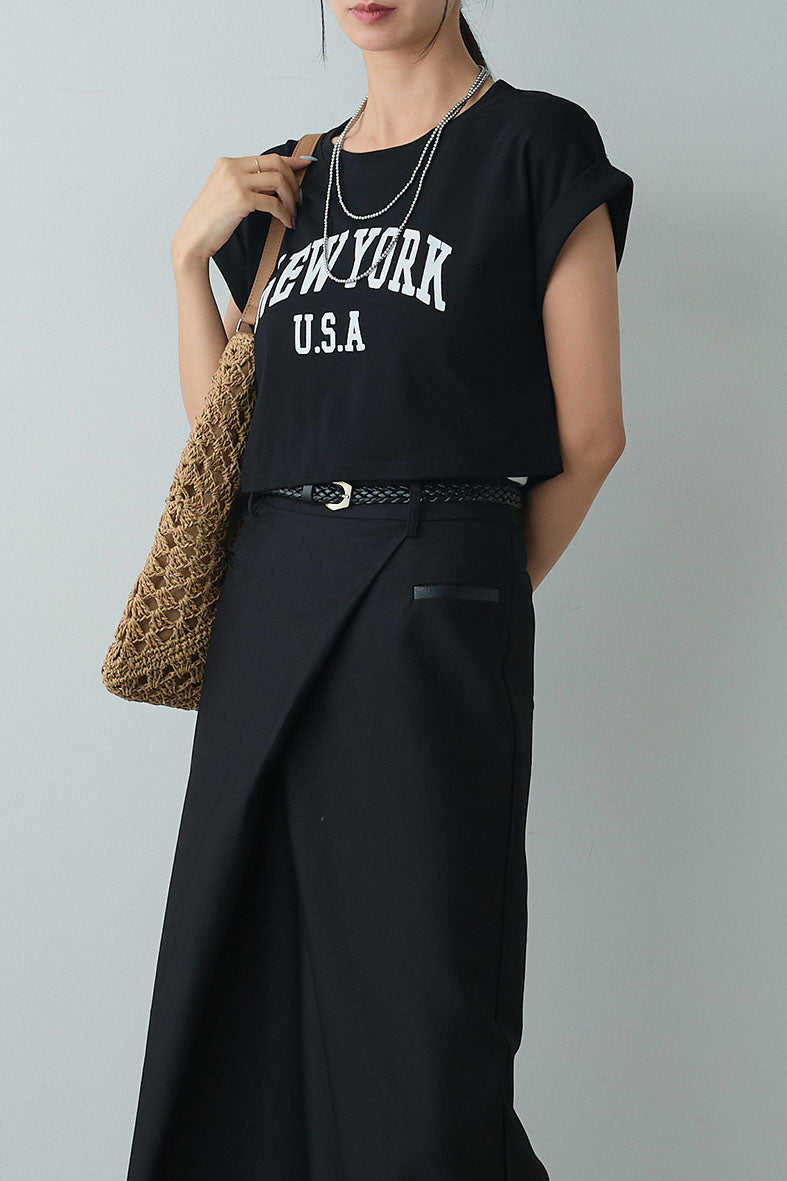 [SET]ショート丈NEWYORKロゴTシャツ+ベルト付きクロスデザインパンツ(2set)