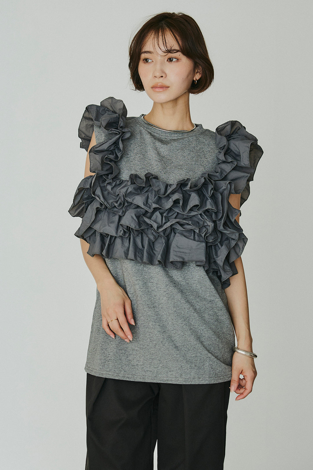 [SET]天竺ナイロンドッキングビスチェ風トップス+オーガンジータックパンツ(2set)