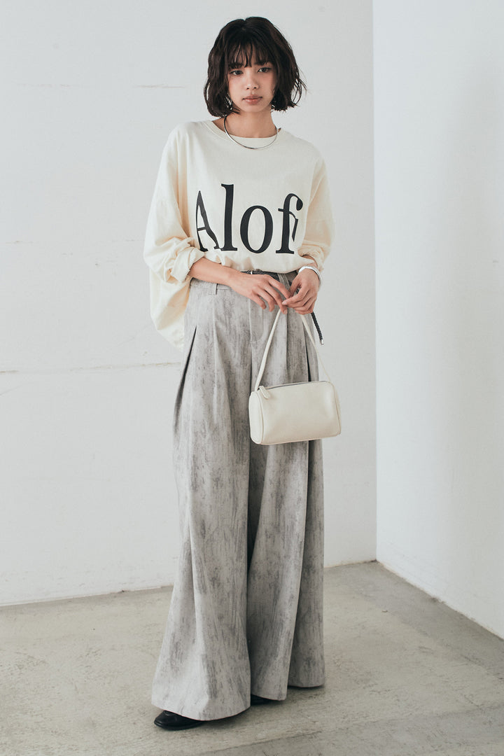 [SET]裾センタードロストロゴプリントワイドTシャツ+紐ベルト付きかすれ柄ワイドスラックス(2set)