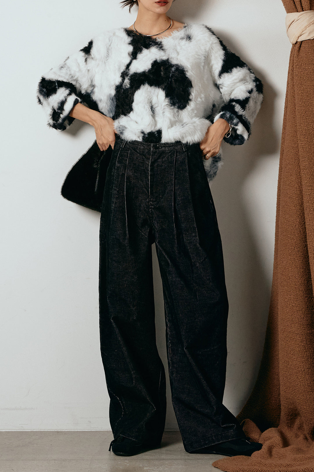 [SET]タイダイ柄シャギーニットトップス+フロントタック入りコーデュロイパンツ(2set)