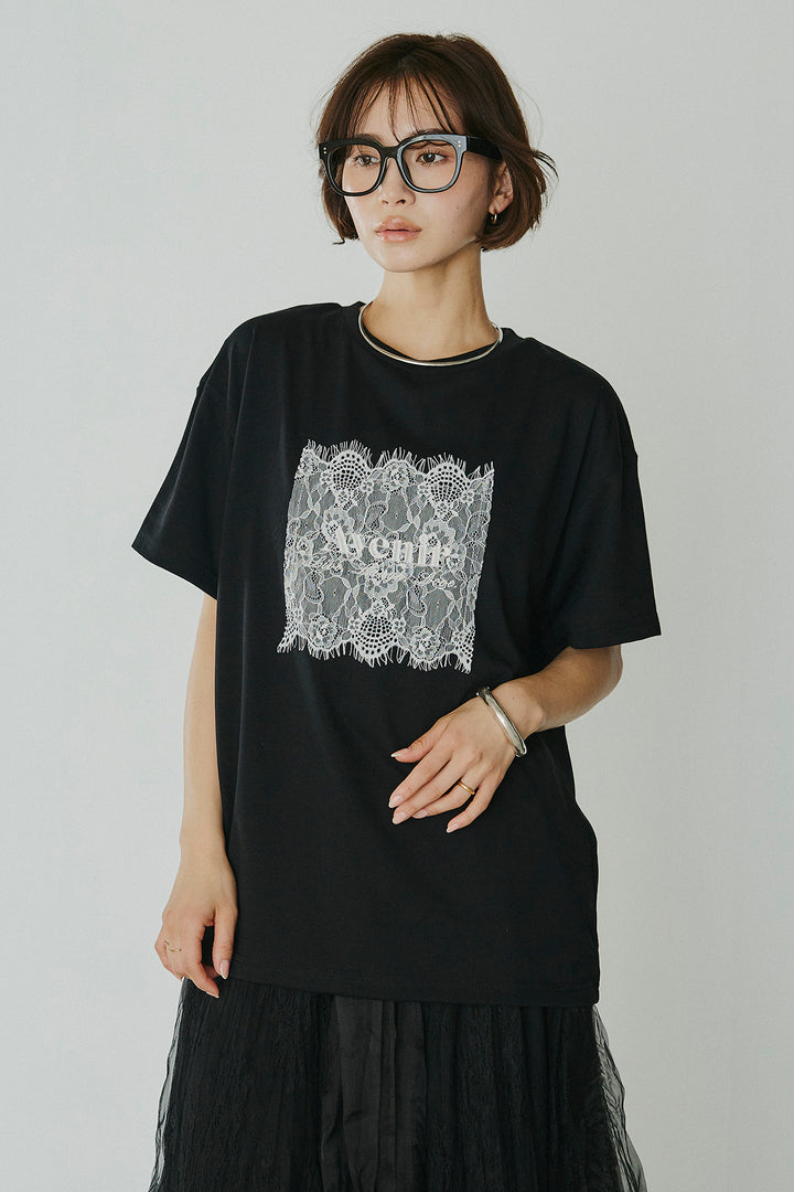 [SET]レースロゴ刺繍Tシャツ+レースコンビワッシャーギャザースカート(2set)
