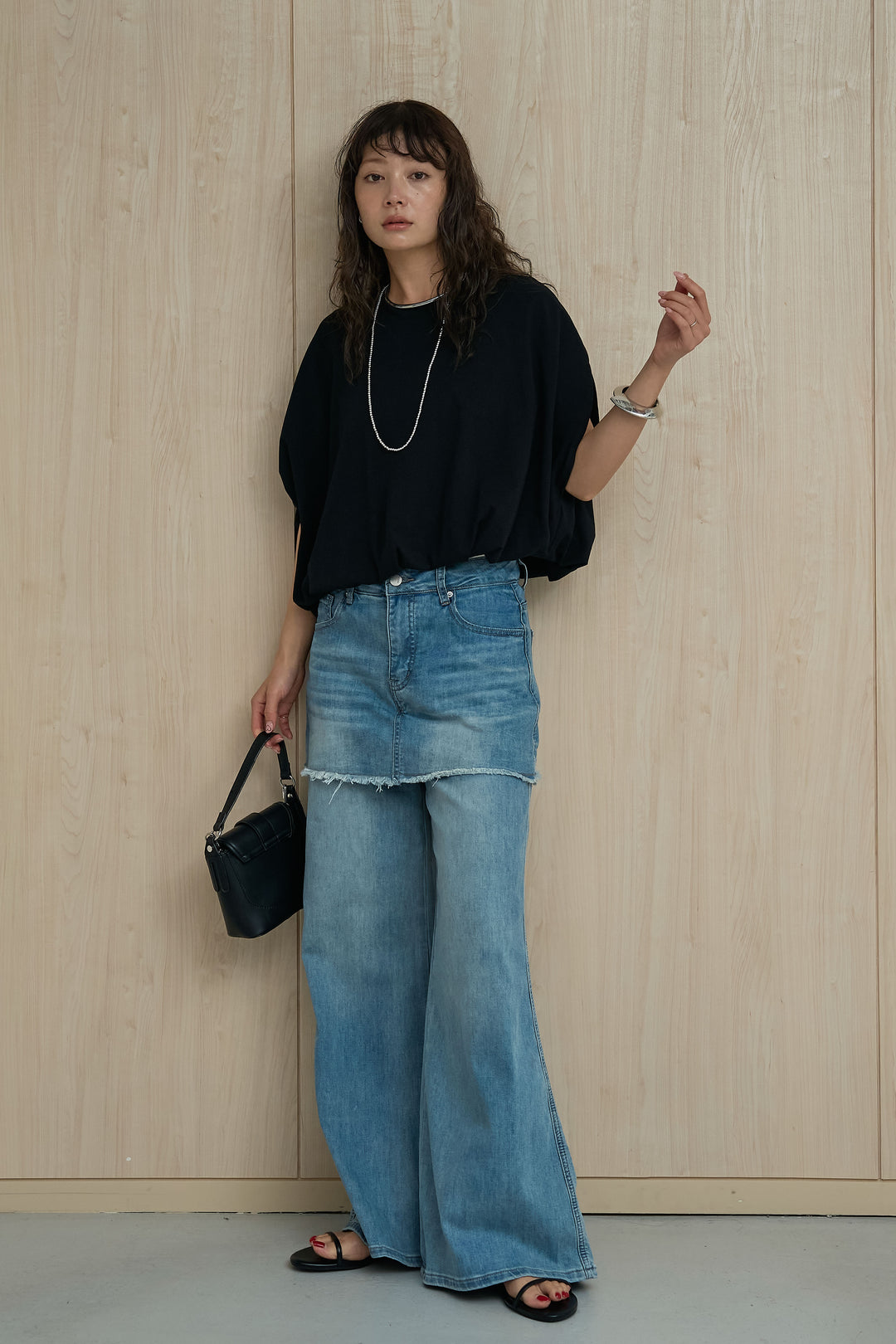 [SET]オーバークロップバルーンカットソー+スカートドッキングデニム(2set)