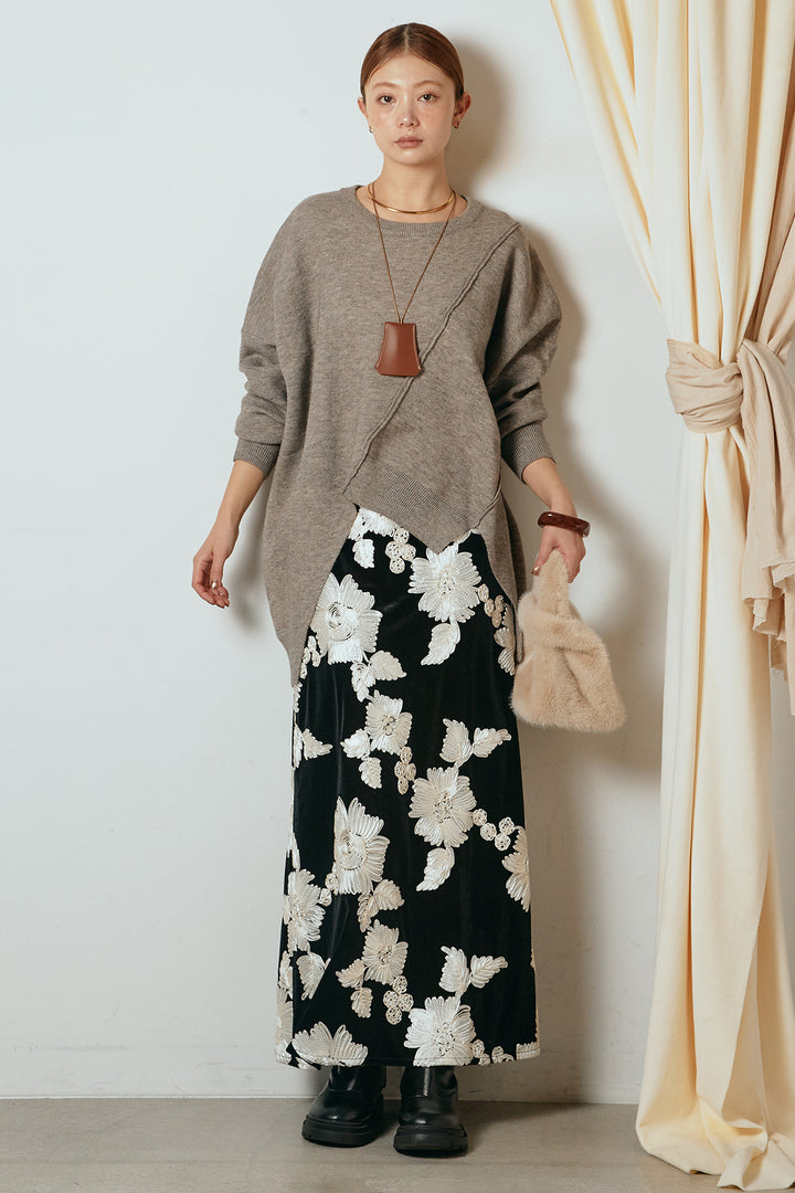 [SET]アシンメトリーデザインニットトップス+フラワー刺繍ワイドスカート(2set)