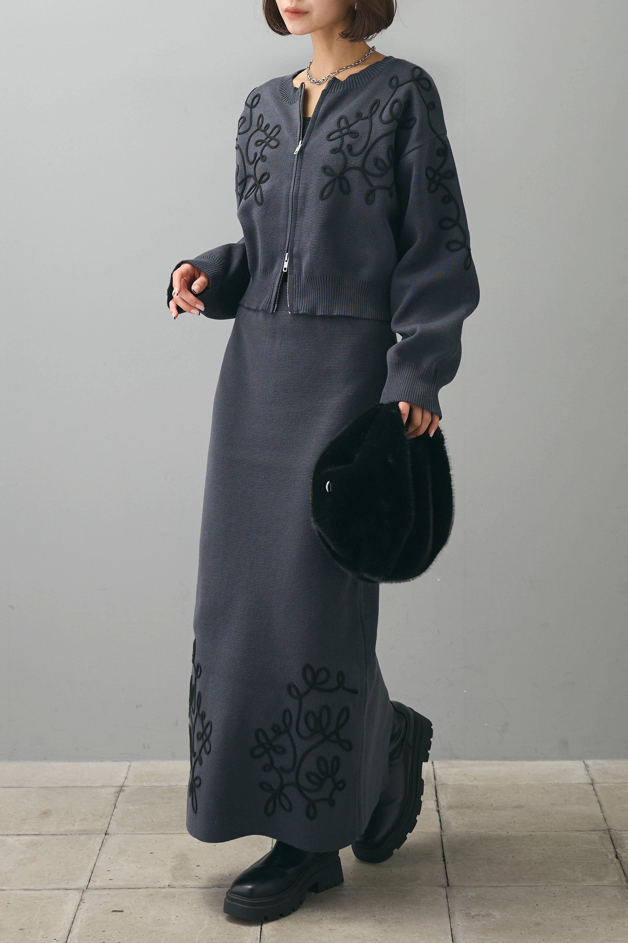 SET]コード刺繍ニットジップカーディガン+刺繍ニットナロー