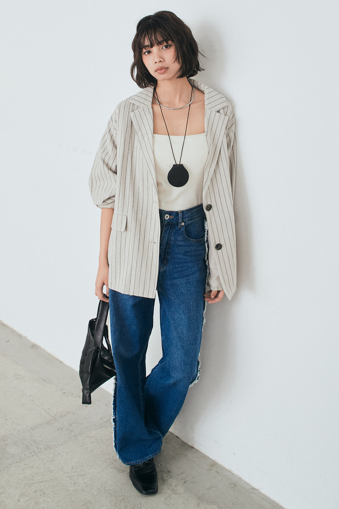 [SET]リネンライクストライプテーラードジャケット+デニムサイドフリルパンツ(2set)