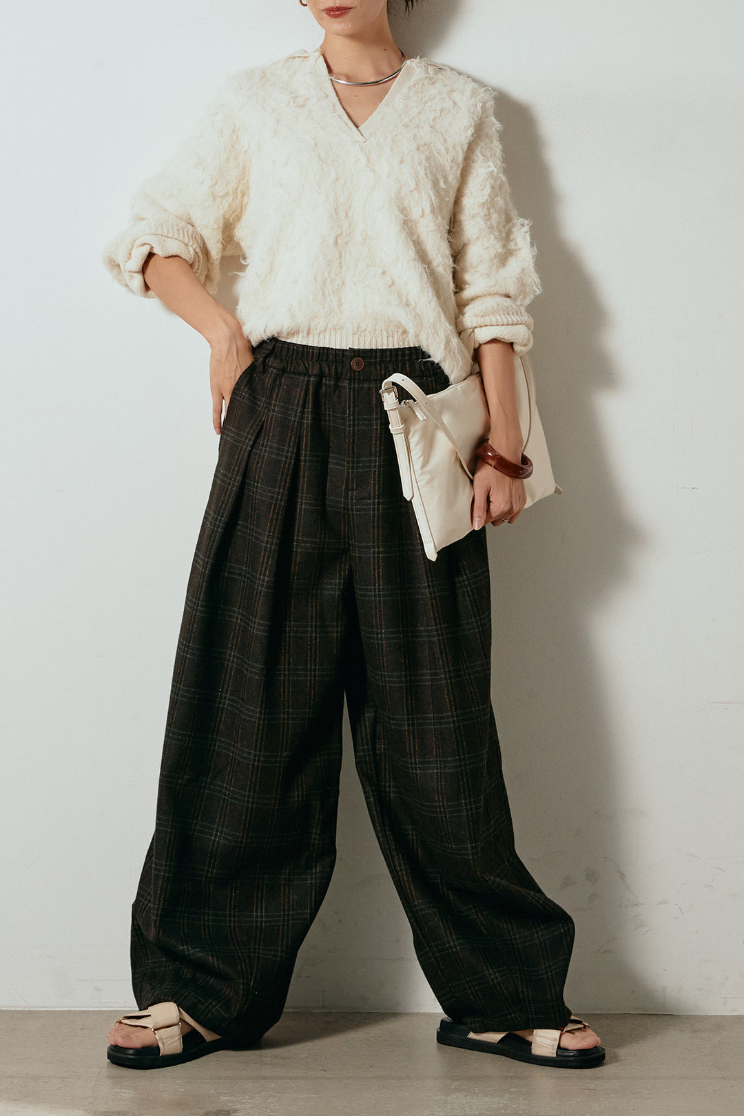 [SET]襟付きシャギーニットポロトップス+タータンチェック柄タックパンツ(2set)