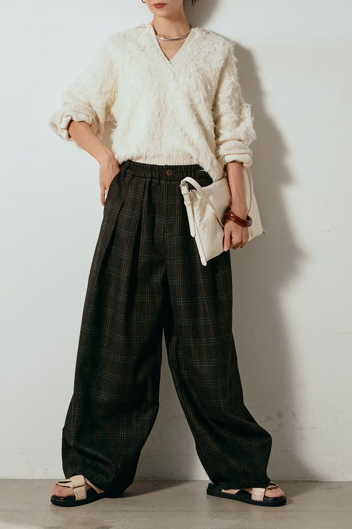 [SET]襟付きシャギーニットポロトップス+タータンチェック柄タックパンツ(2set)