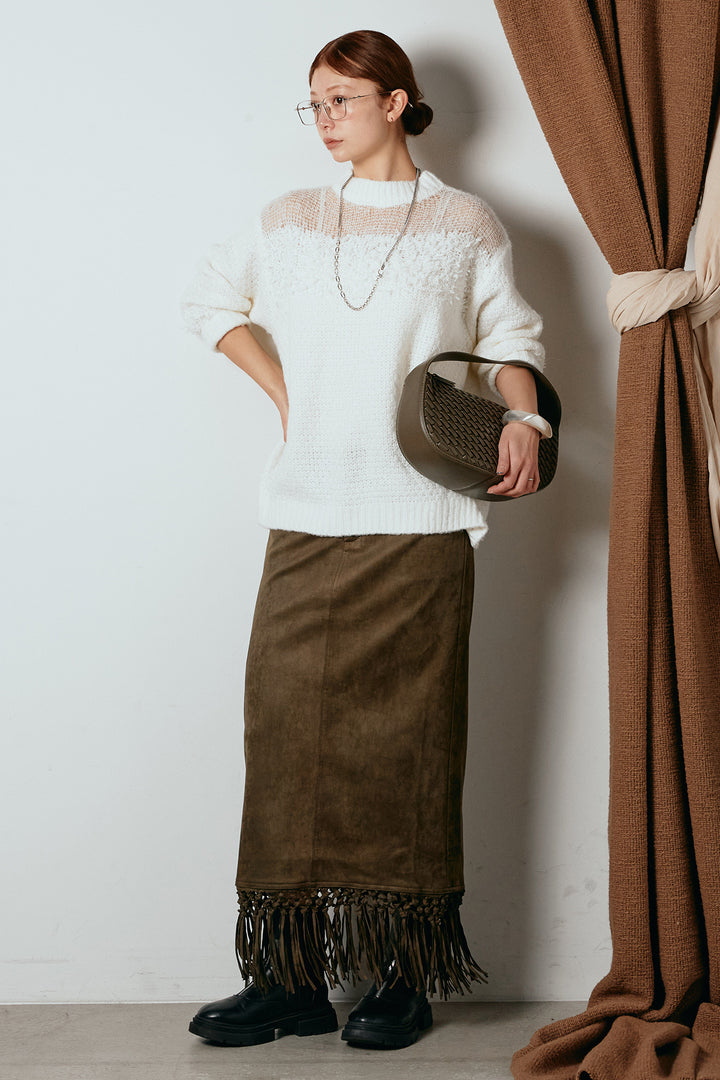 [SET]パターンランダム編みニットトップス+スウェードライク裾フリンジスカート(2set)