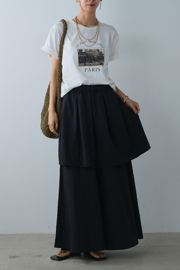 [SET]PARISフォトTシャツ+タックスカートドッキングフレアパンツ(2set)