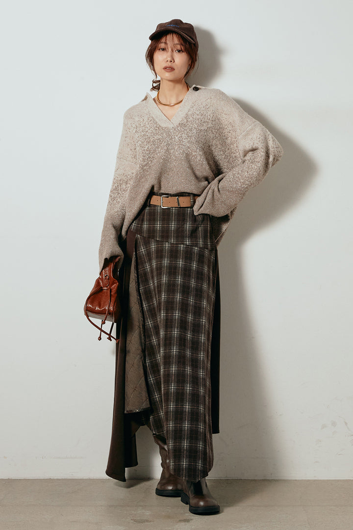 [SET]グラデーションラメニットキーネックプルオーバー+フェイクレザーベルト付き切り替えタータンチェックスカート(2set)