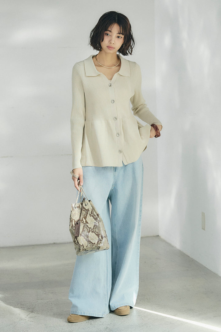 [SET]スキッパーペプラムニット+ウエスト裁ち切りデニムワイドパンツ(2set)