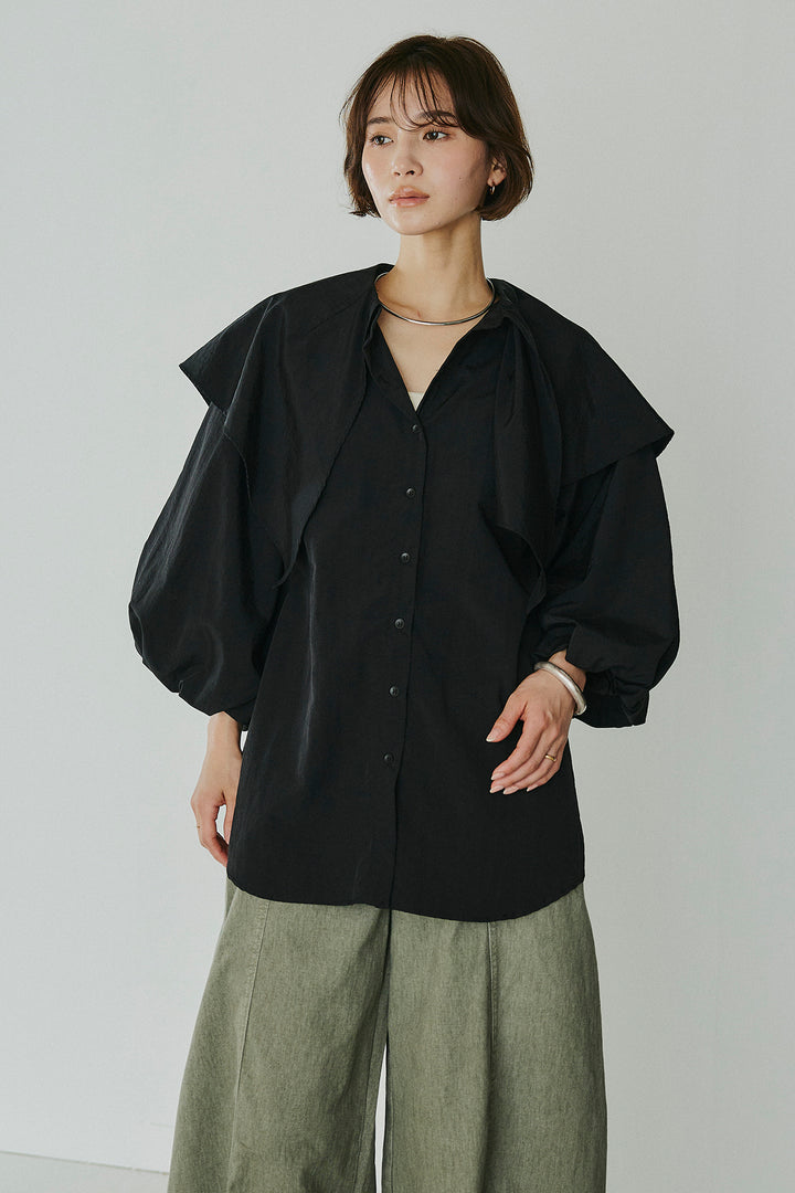 [SET]ケープカラーナイロンブラウス+サイドベルトカーブワイドパンツ(2set)