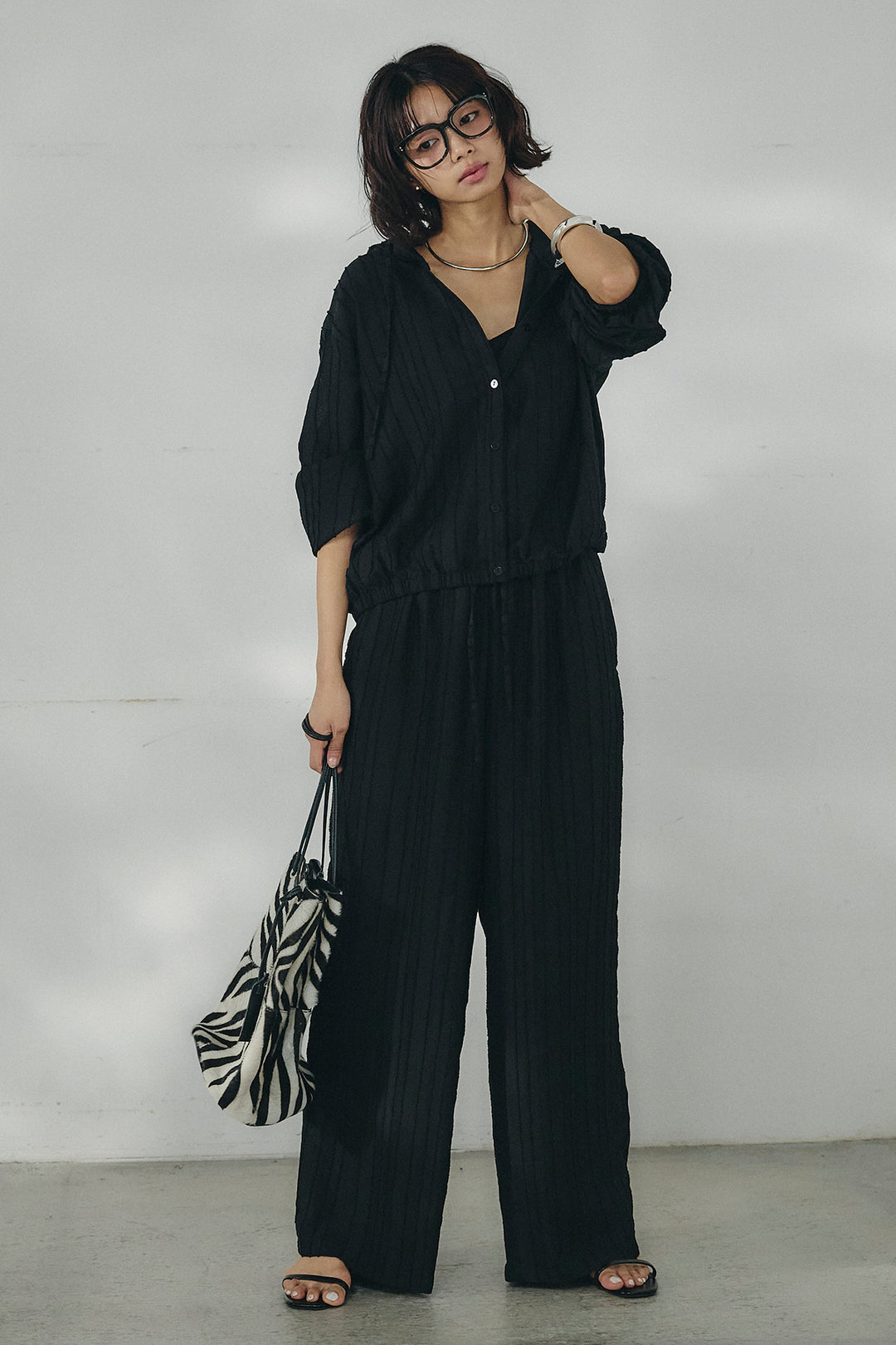 [SET]ストライプジャガードフードシャツ+ストライプジャガードロングイージーパンツ(2set)