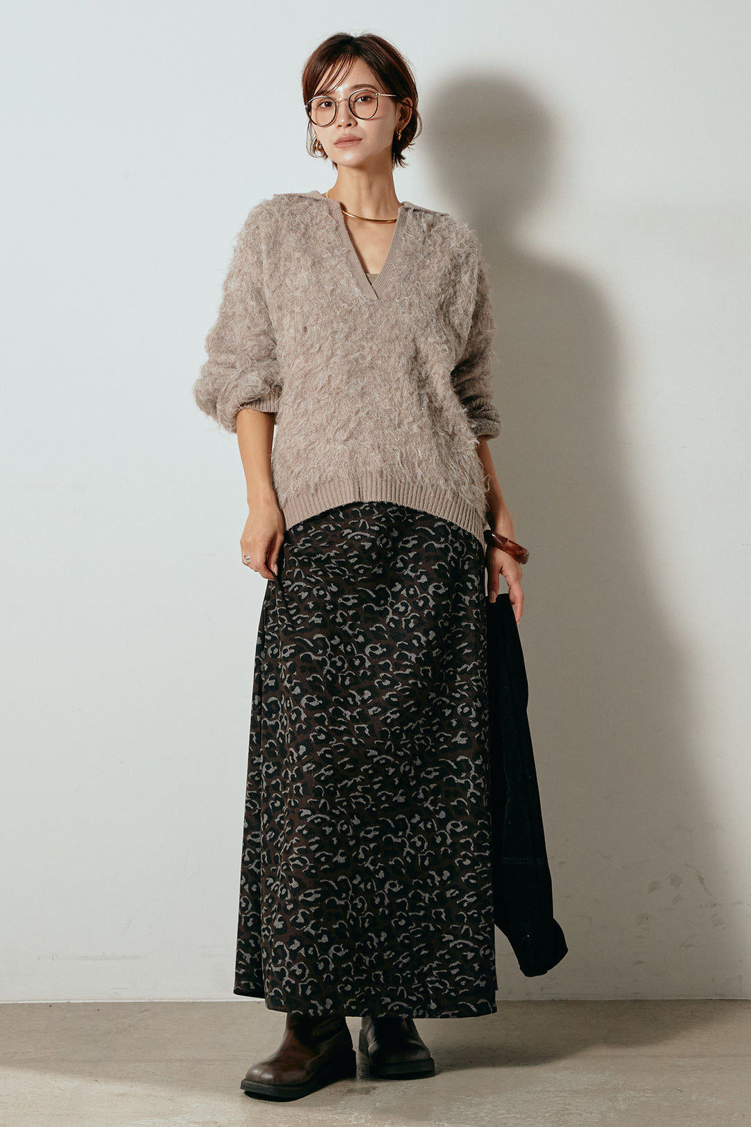 [SET]襟付きシャギーニットポロトップス+レオパードロングスカート(2set)