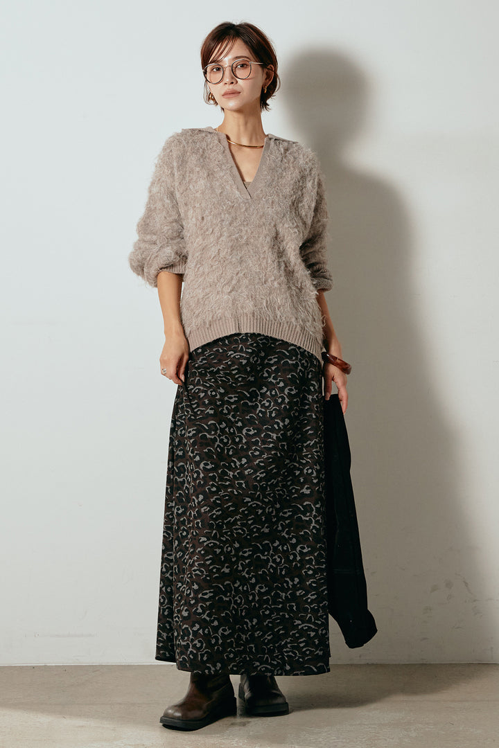 [SET]襟付きシャギーニットポロトップス+レオパードロングスカート(2set)