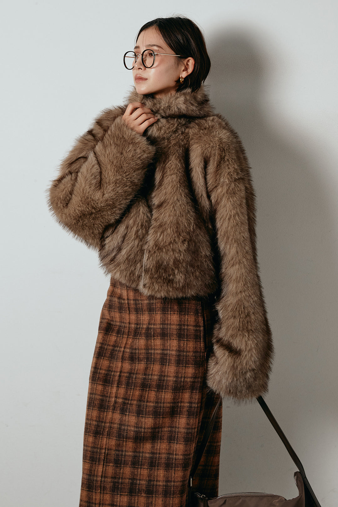 [SET]エコファーショート丈ブルゾン+シャギーチェックストレートスカート(2set)