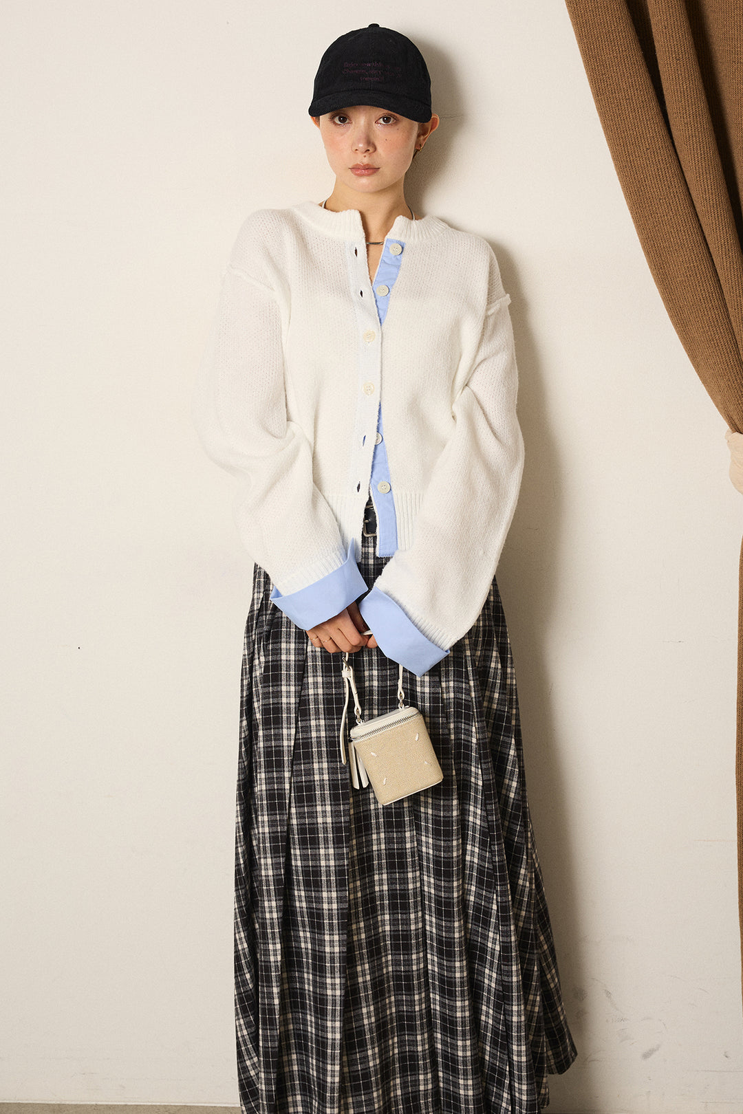 [SET]シャツドッキングニットカーディガン+ベルト付きタータンチェックプリーツスカート(2set)