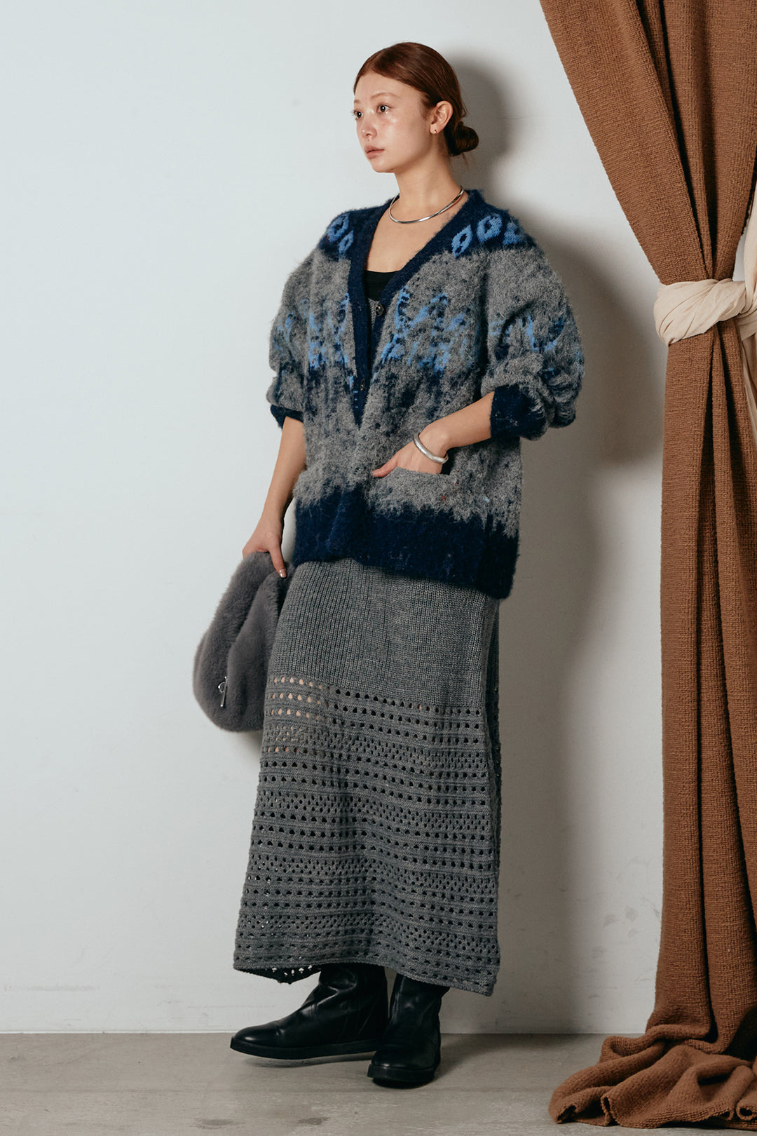 [SET]シャギーニュアンス柄ニットカーディガン+裾透かし編みキャミソールニットワンピース(2set)
