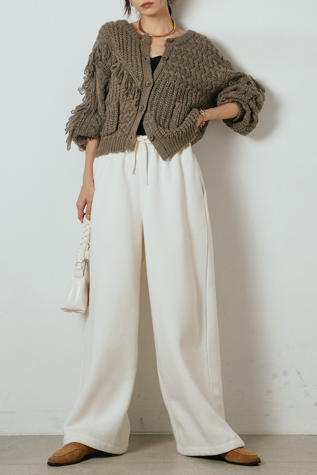 [SET]ランダムフリンジニットカーディガン+裏起毛スウェットワイドパンツ(2set)