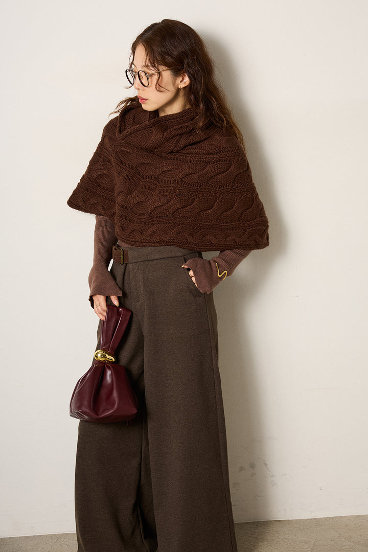 [SET]ケーブル編みケープレイヤードニット+サイドベルトパンツ(2set)