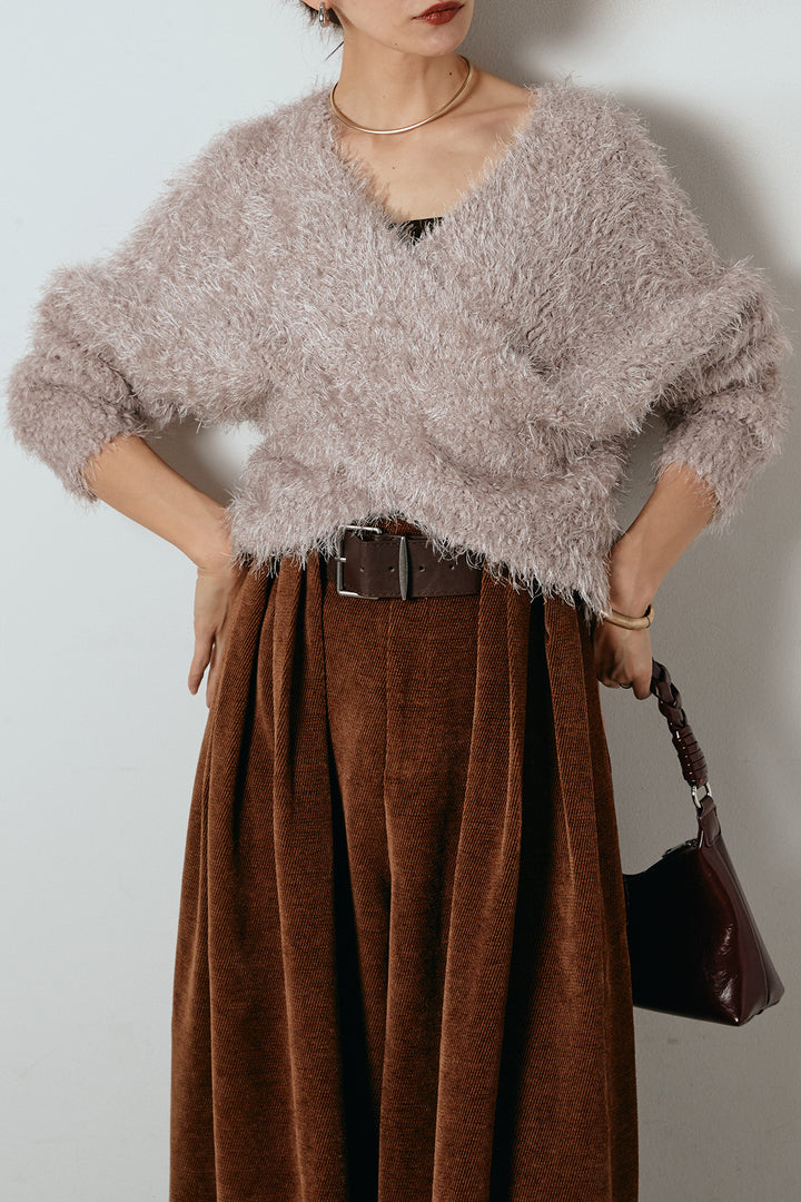 [SET]シャギークロスニットトップス+ベルトループコーデュロイワイドパンツ(2set)