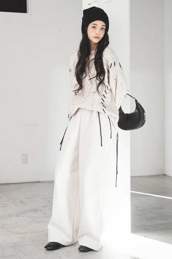 [SET]ネップ編み上げニットトップス+裏起毛スウェットワイドパンツ(2set)