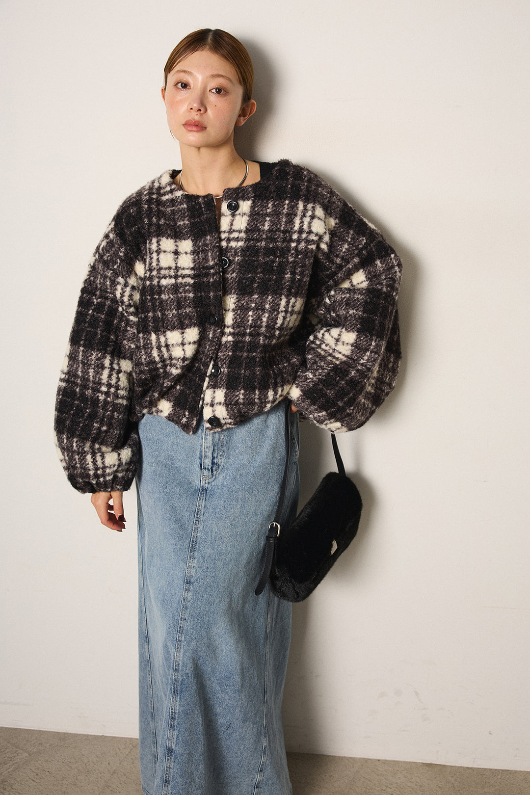 [SET]ノーカラーチェック柄ボアブルゾン+デニムロングフレアスカート(2set)
