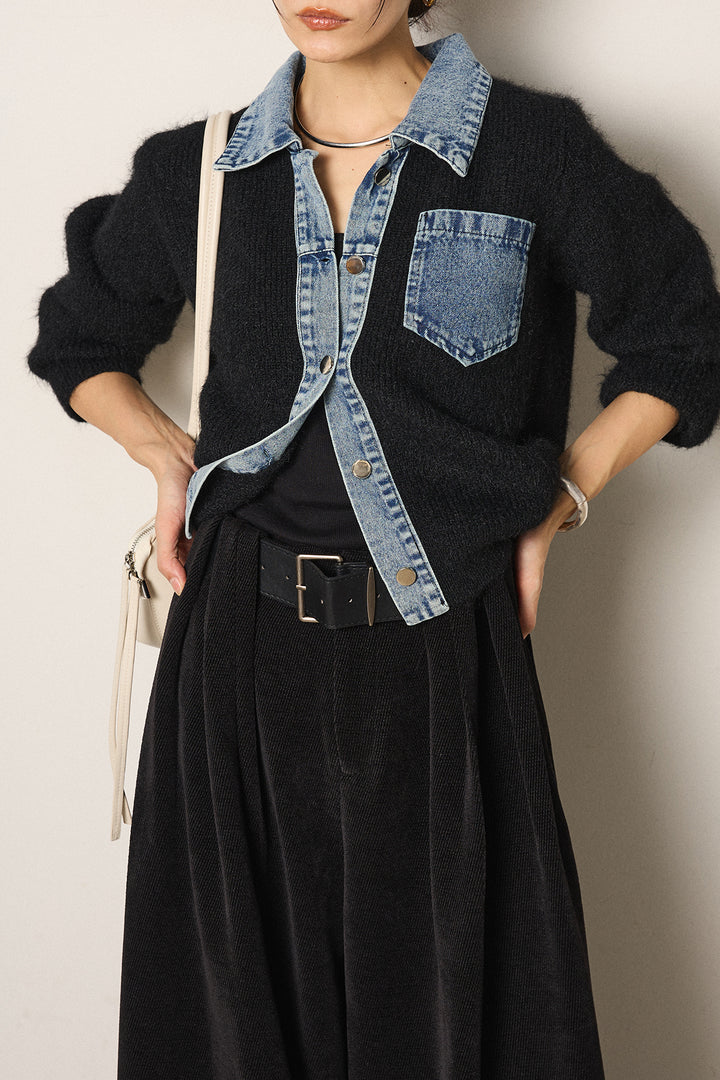 [SET]襟付きデニム切替ニットカーディガン+ベルトループコーデュロイワイドパンツ(2set)