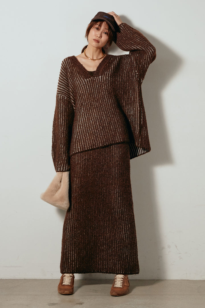 [SET]アルパカタッチ深Vニットトップス+アルパカタッチニットタイトスカート(2set)