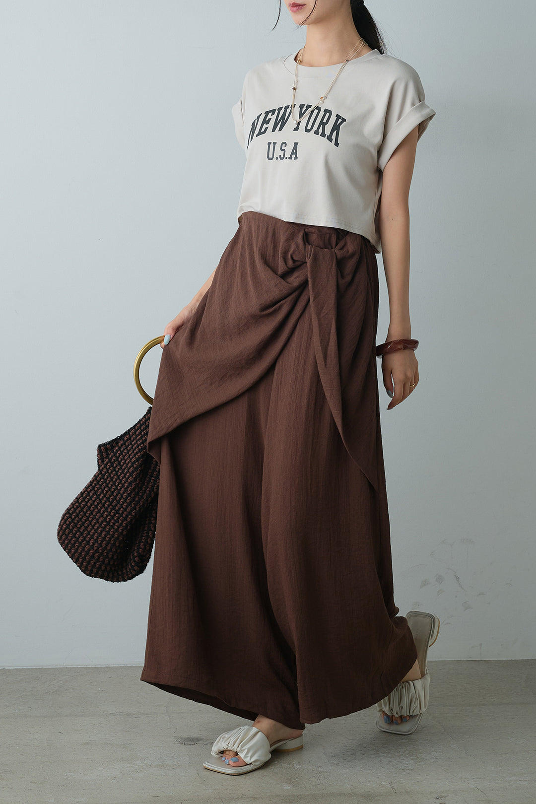 [SET]ショート丈NEWYORKロゴTシャツ+ねじりデザインワイドパンツ(2set)