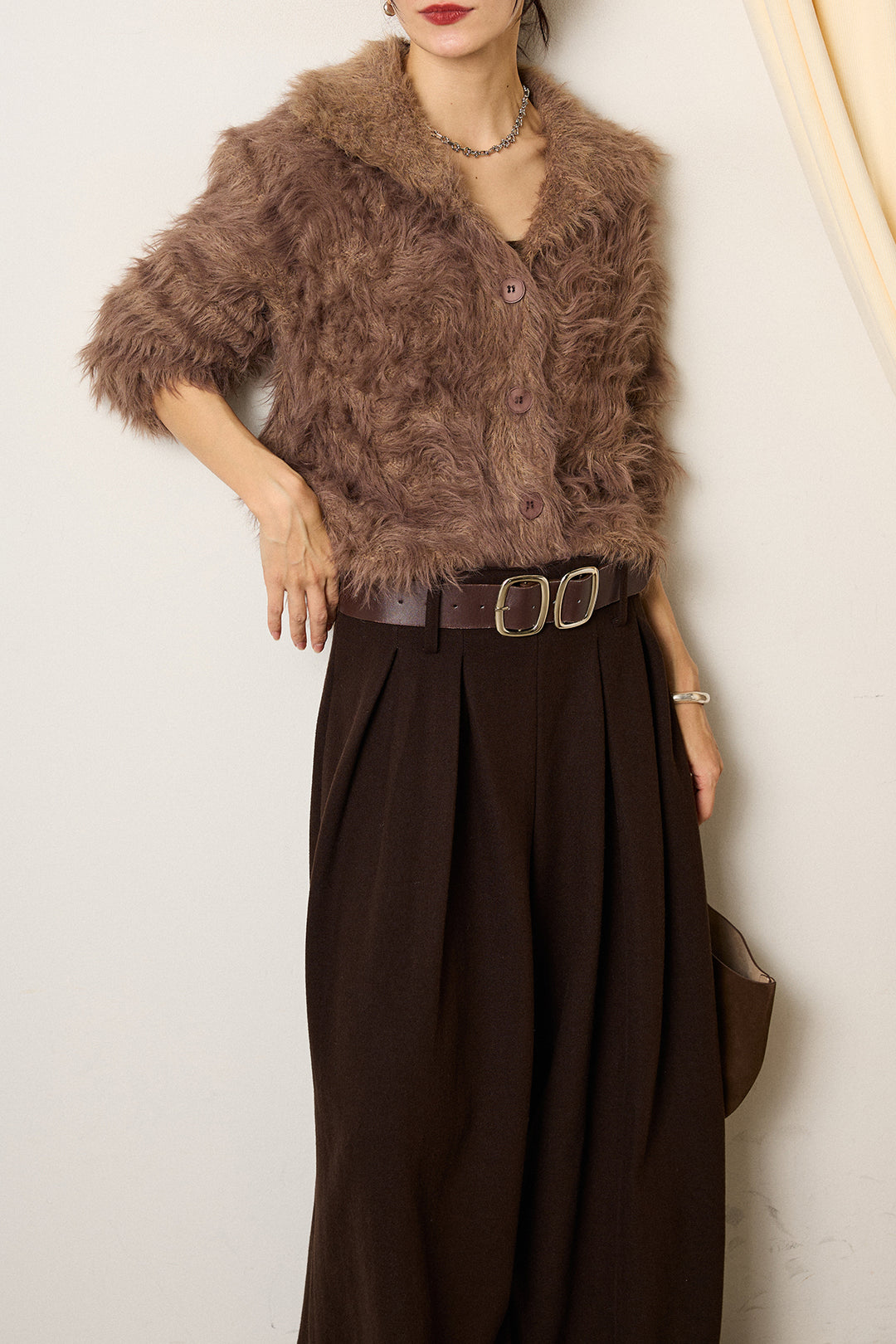 [SET]襟付きシャギーニットカーディガン+フェイクレザー太ベルト付きタックワイドパンツ(2set)