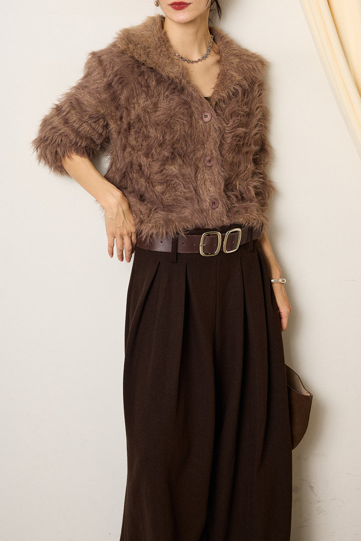 [SET]襟付きシャギーニットカーディガン+フェイクレザー太ベルト付きタックワイドパンツ(2set)