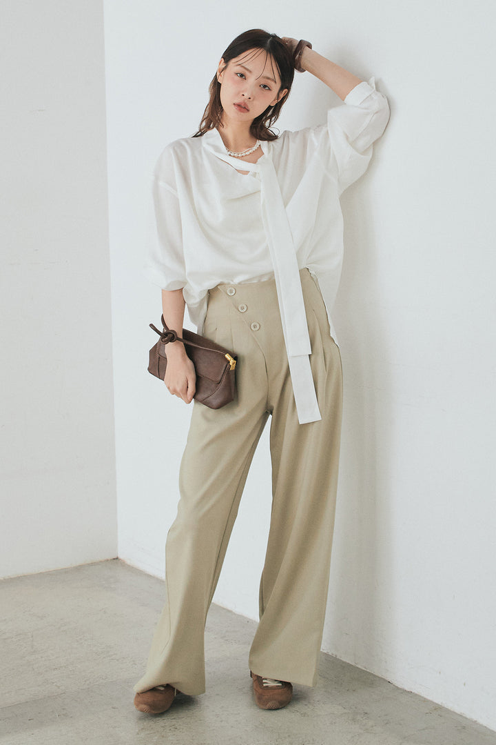[SET]ニュアンスボータイブラウス+斜めボタンタック入りスラックス(2set)