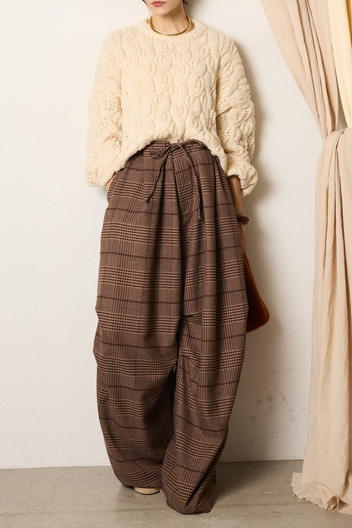 [SET]ケーブルリラックスショートニット+グレンチェックルーズタックパンツ(2set)