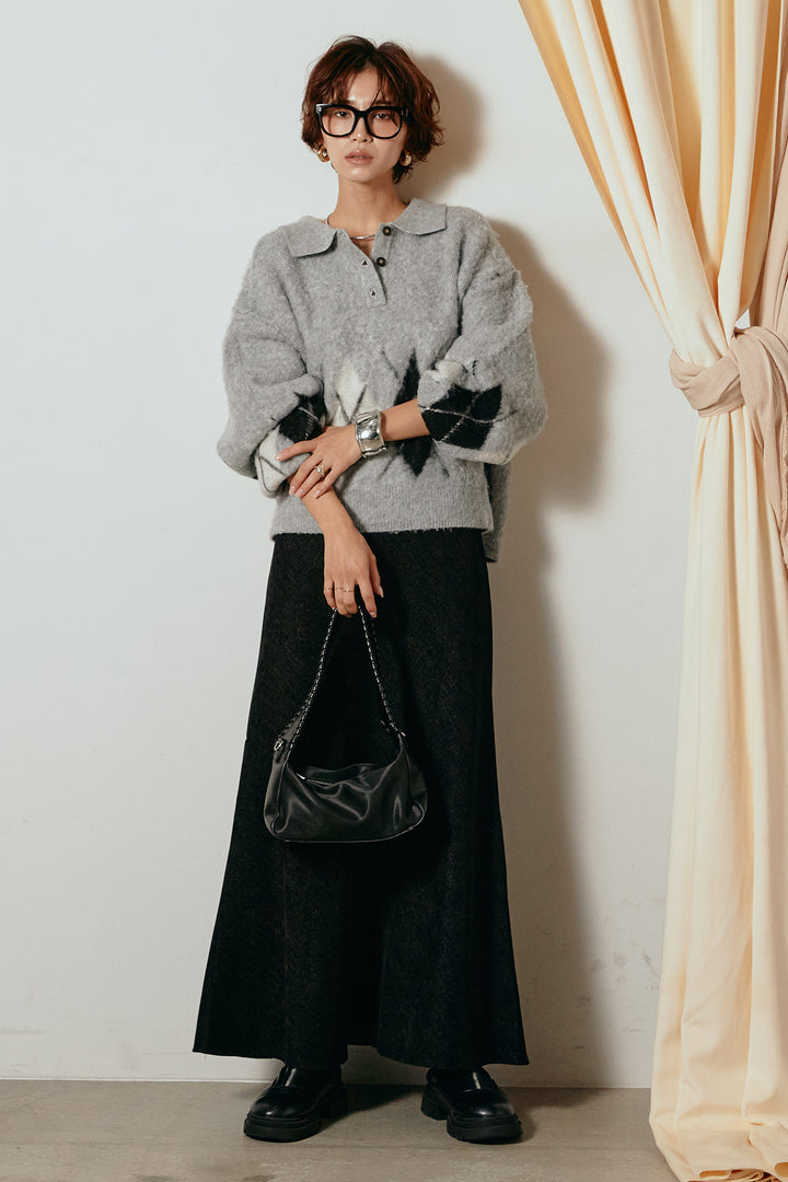 [SET]アーガイル柄ポロニットトップス+スウェードライクロングスカート(2set)