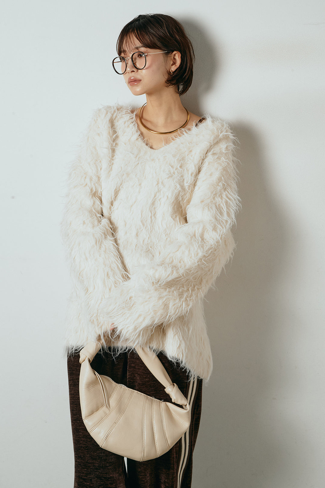 [SET]深Vネックシャギーニットトップス+リラックスサイドラインベロアワイドパンツ(2set)