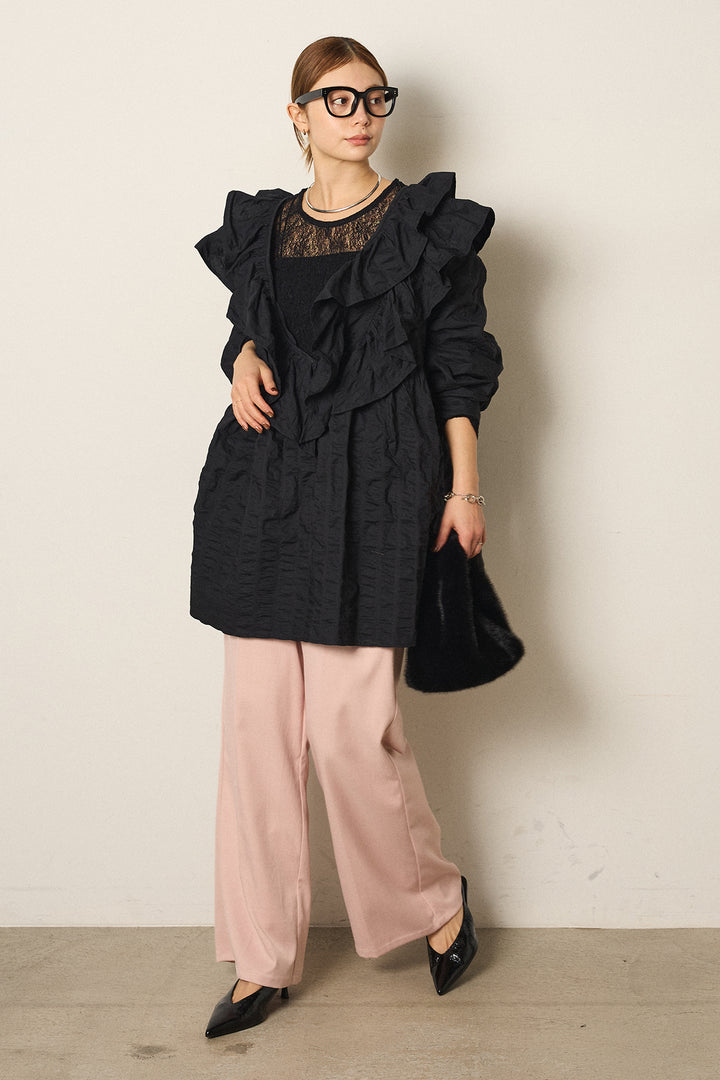 [SET]Vネックフリルカラーブラウス+ツイルスプリングカラータックパンツ+ストレッチレースクルーネックインナー(3set)