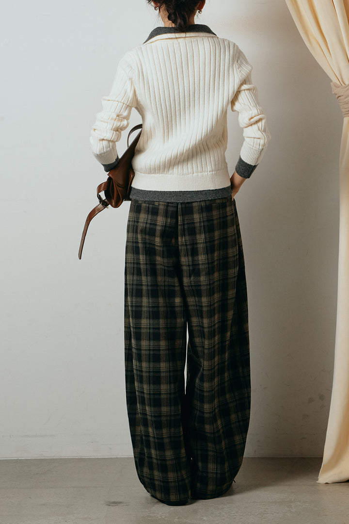 [SET]レイヤード風リブニットトップス+ベルト付きタータンチェックカーブワイドパンツ(2set)