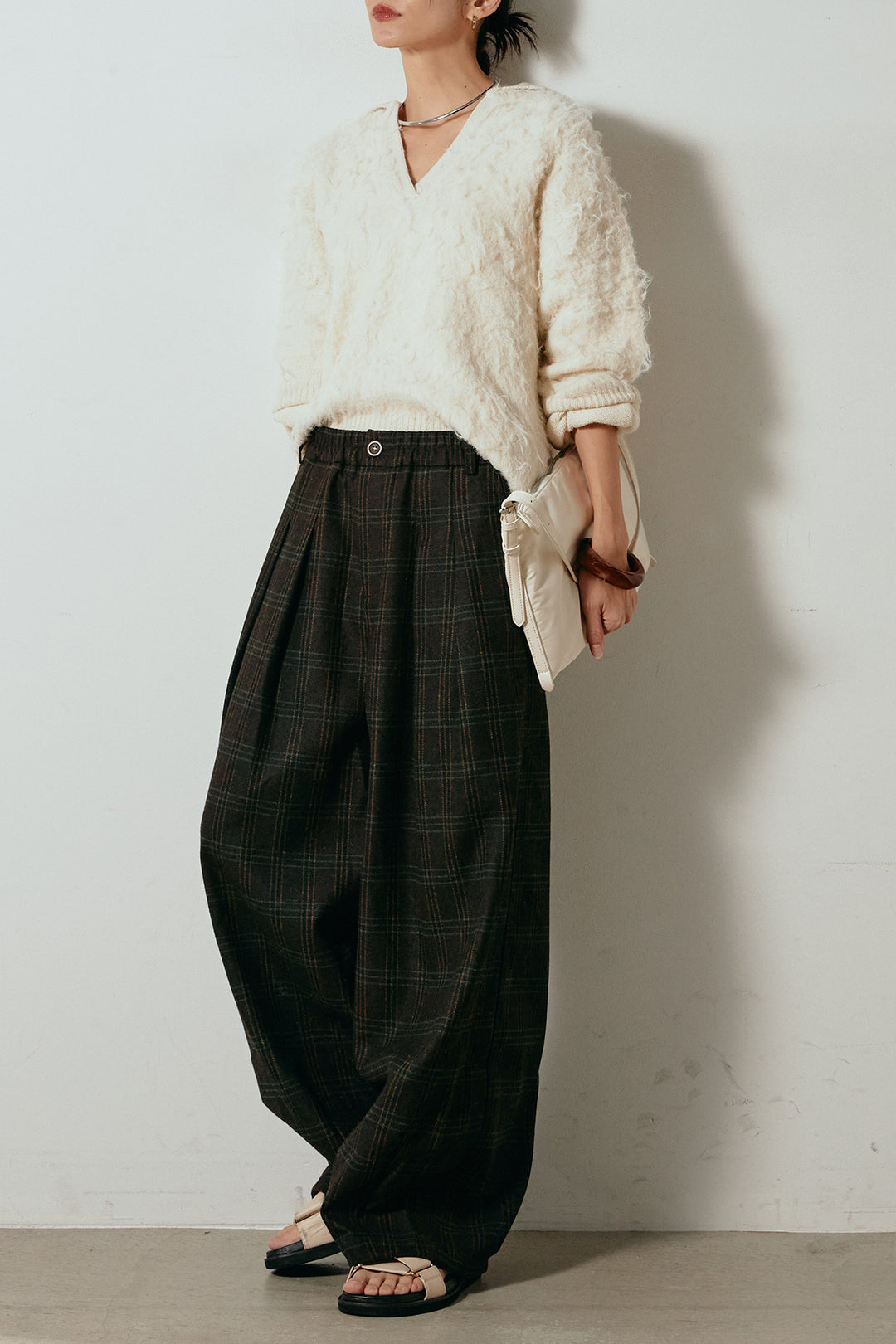 [SET]襟付きシャギーニットポロトップス+タータンチェック柄タックパンツ(2set)