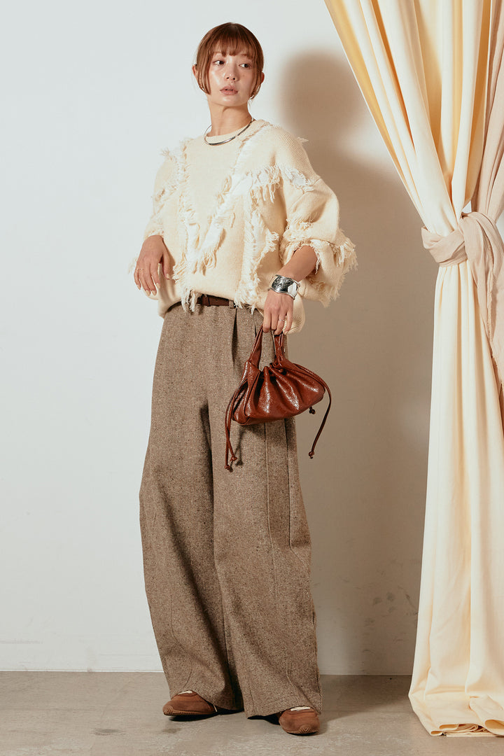 [SET]シャギージャガードニットトップス+ベルト付きネップツイードカーブパンツ(2set)