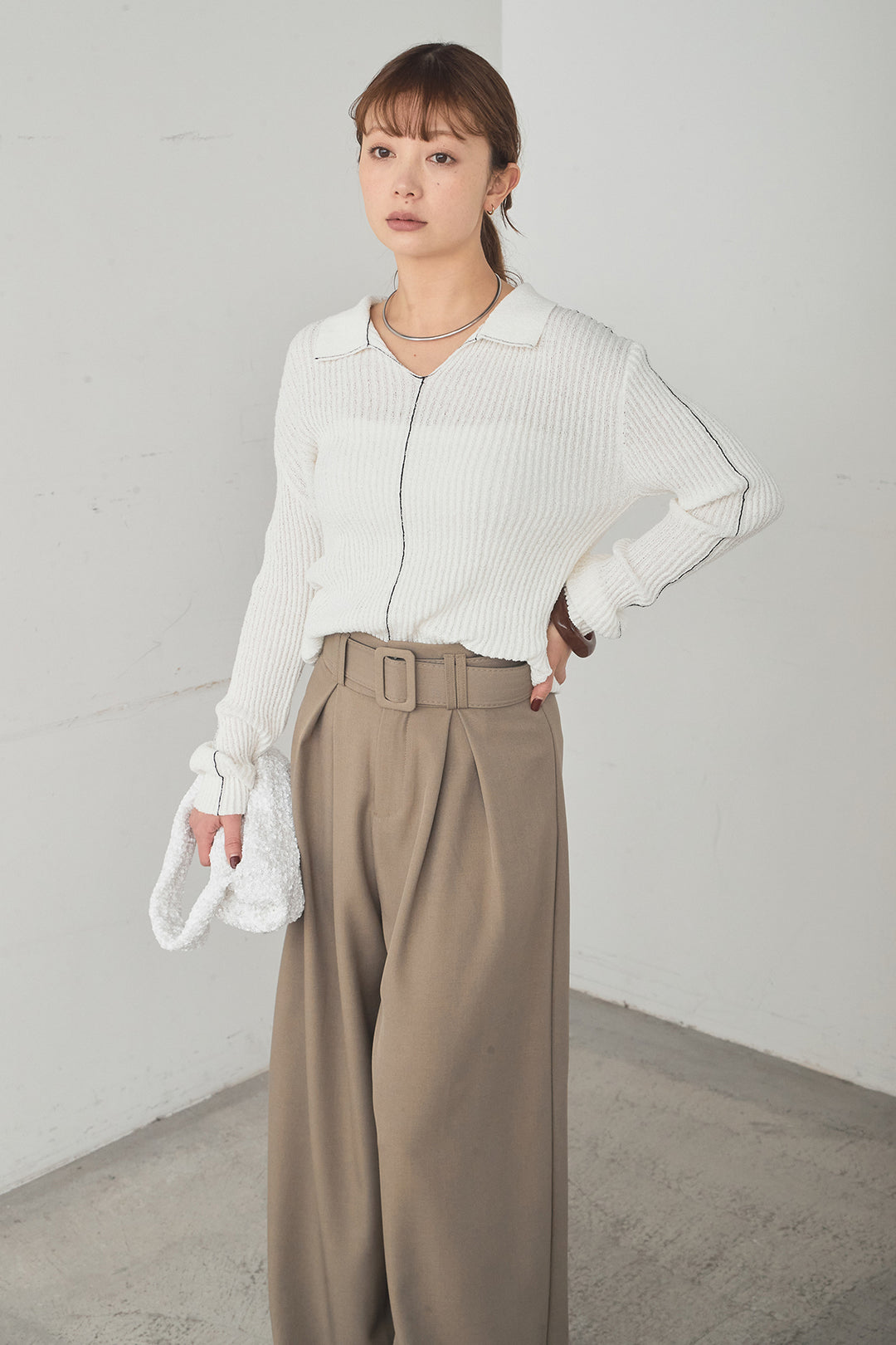 [SET]衿付きニットプルオーバー+ベルト付きツータックワイドパンツ(2set)