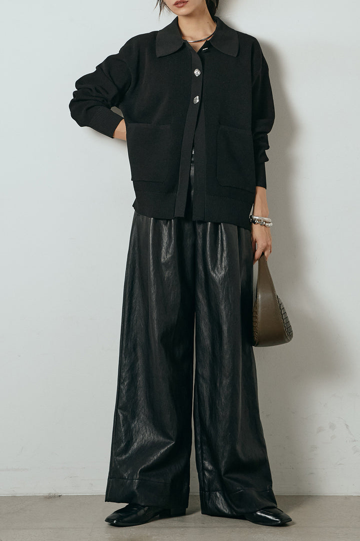 [SET]メタル釦衿付きニットカーディガン+ベルト付きレザーライクタックパンツ(2set)