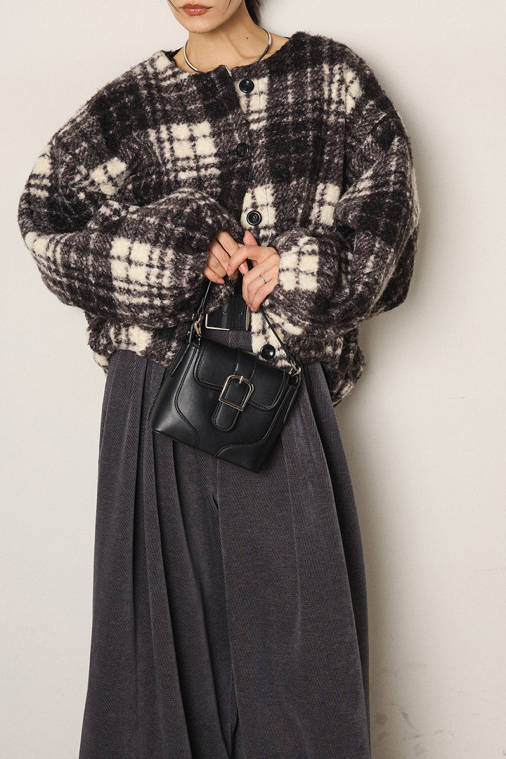 [SET]ノーカラーチェック柄ボアブルゾン+ベルトループコーデュロイワイドパンツ(2set)